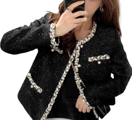 Blazer en Tweed coréen décontracté élégant pour Femmes tempérament col Rond Blazer à Carreaux décontracté Bouton Patte de Boutonnage Veste Courte