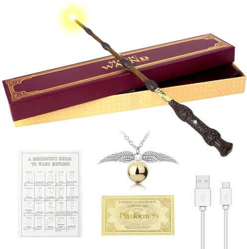 WDKXCN Elderstab Glühen, 37CM Dumbledore Zauberstab mit Licht, USB Aufladung Zauberstab Dumbledore in Geschenkbox mit Zauberspruch-Karte, Stationsticket und Halskette
