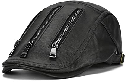 Lederkappe Herren Baret Echtes Leder Hüte for Männer Herbst Winter Reißverschluss Dekoration Einstellbare Männliche Flachkappe(Svart)