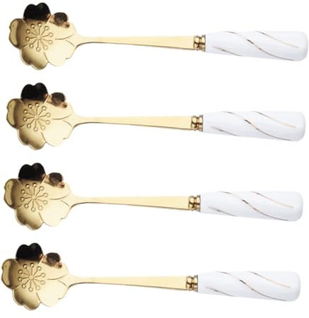 HOLIDYOYO 4pcs Dessert Spoon Elegant Flower Handle for Cake Ice Cream Coffee Tea Safe Easy to Clean Reusable Spoons for Home
