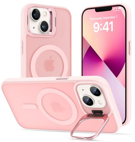ÁRBOLORO Coque pour iPhone 14/13 avec Béquille, Compatible avec MagSafe, Etui de Téléphone avec Caméra Support en Métal Intégrée, Housse de Protection de Qualité Militaire, Mat Translucide Rose