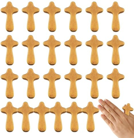 24 piezas de cro-ss, 6 x 3,4 x 1,2 cm para mano, cruz de bolsillo, cruz de madera, cruces de oración cristianas ideales, pequeñas cruces de madera de pino de mano, recuerdo religioso hecho a mano