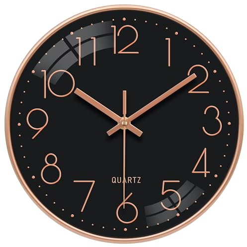 VIKMARI Silent Wall Clock 10 Inch Battery Operated Non-Ticking 3D Gold Number Quartz Sweep Analog Clock Decorative for Bedroom Office Bathroom(Rose Gold Black)