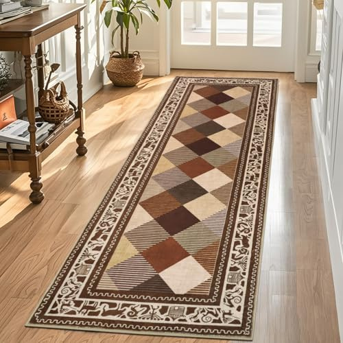 Geanup Vintage Runner Rugs for Hallway 60×180cm, Brown Checkered Washable Kitchen Runner, Non Slip Checkerboard Bedroom Carpet Rug for Bedroom Entryway Bathroom Corridor Laundry