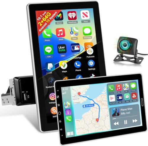 10,1 Pollici Autoradio Android 1 Din con Schermo 2+64GB, Stereo Auto Touchscreen Rotante Regolabile 1280*720, Carplay & Android Auto Wireless, 5G/WiFi, GPS, Mirror Link, Bluetooth + Telecamera Retro