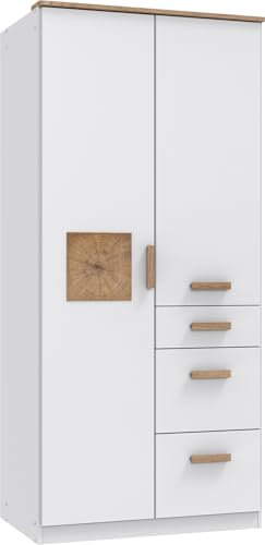 Drehtürenschrank >Gotland< in Weiß mit Hirnholz- und Plankeneiche-Nachbildung, 91 cm breit, 199 cm hoch, 58 cm tief, 3 Einlegeböden, 1 Kleiderstange, 3 Schubladen ? Made in Germany, zerlegt geliefert