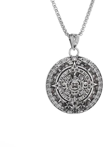 Luck Trader Collier avec pendentif calendrier aztèque ancien, grand médaillon argenté, motif maya traditionnel