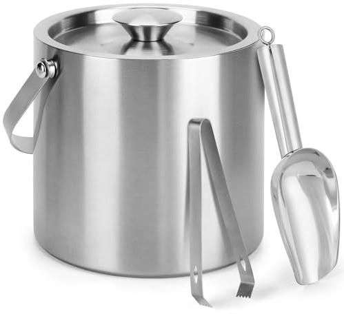 Savorella Ice Granule Bucket 3L Double Wall Ice Bucket with Lid,Scoop,Tongs- Inner Layer 304 Stainless Steel Ice Container Keep Ice Frozen Longer- Ideal for Cocktail Bar,Parties,Chilling Beer Win