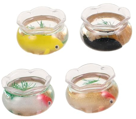 COLLBATH 4 Stück Teiliges Miniatur Fischglas mit Koi und Goldfisch Runder PVC-Aquarium Deko Detailreiche Puppenhaus Landschaftsdekoration Platzsparend für Desktop und Micro-szenerien