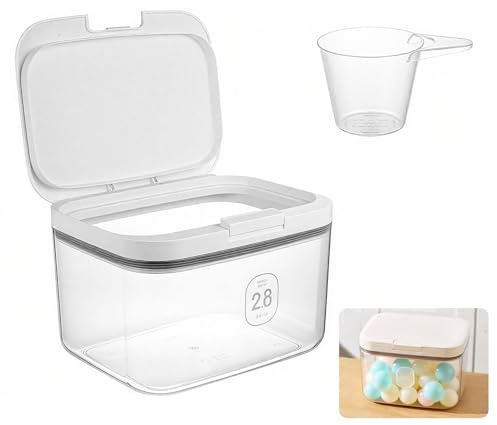 2.8L Dispenser Detersivo Lavatrice con Coperchio & Misurino, Contenitore Detersivo Polvere Trasparenti, Scatola Ermetico Plastica, Conservazione per Detersivi, Bombe Bagno, Cibo Gatti, Cibo Cani