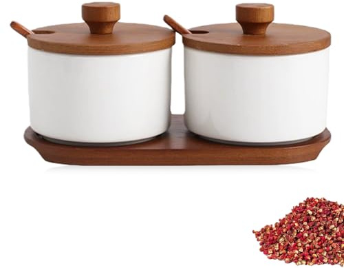GOMETY Ensemble de 2 Pots à épices en Céramique, Contenants à épices, Salière, Sucrier avec Cuillère et Couvercle, épices, Récipients de Cuisine pour thé sucre sel épices café (Blanc)