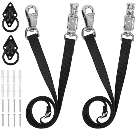2st Nylon Korsbindare för Hästar, Justerbara från 110cm till 204cm Hästtrailer Fixeringsband med Paniklänk & Oxlänk Hållbar Hästtillbehör med Fixeringsringar & Skruvar för Stall Staket (Svart)