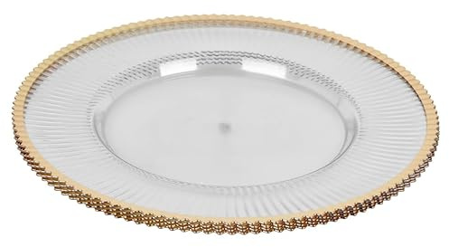 URBNLIVING 33cm Clear Fluted Charger Plates – Silver & Gold Rim Underplates for Weddings, Parties & Table Settings | Decorative Dining Tableware - Gold - Set of 6