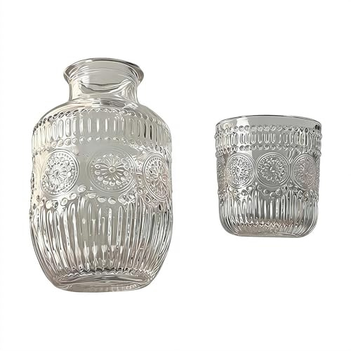 Juego de jarra de agua y vaso vintage para mesita de noche, jarra transparente de 19 onzas con juego de tazas de 5 onzas, botella de enjuague bucal y dispensador de bebidas de medianoche, cristalería