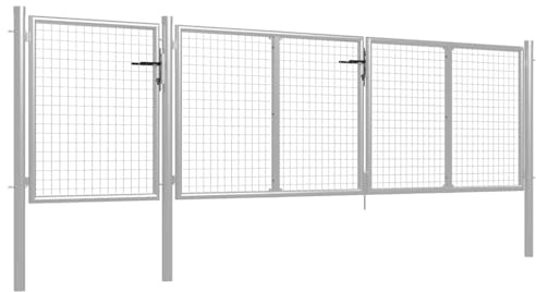 Steel Garden Gate 400 x 150 cm Silver with Wire Mesh Adjustable 401-408 cm Includes Lock and Handle Heavy Duty Fence Gate for Garden, Yard, Driveway, Security and Access