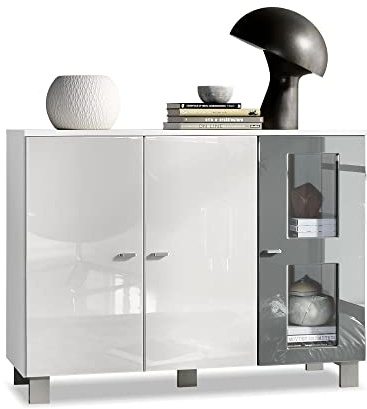 Vladon Sideboard Denjo, Made in Germany, Kommode mit 3 Türen, Weiß matt/Weiß Hochglanz/Grau Hochglanz (107 x 81 x 35 cm)