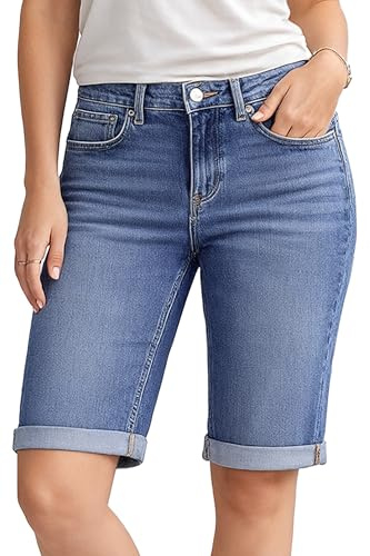 NOROZE Womens Denim Shorts – Ladies Knee Length Stretch Jean Shorts with Pockets – Rolled Hem Summer Bermuda Shorts for Women UK – Lightweight Casual Fit – Sizes 8 to 20