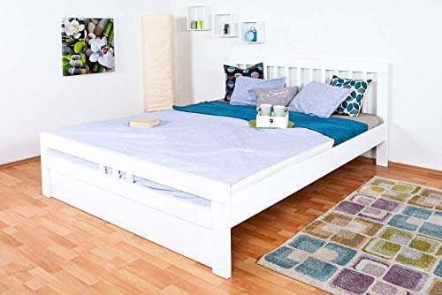 Easy Premium Line Doppelbett K8 in Überlänge 180 x 220 cm, Buche Vollholz massiv weiß lackiert, inkl.1 Abdeckblende