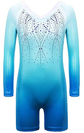 ZNYUNE Mädchen Gymnastik Trikot Kinder Langarm Pailletten Gymnastikanzug 173 GradientBlue 140