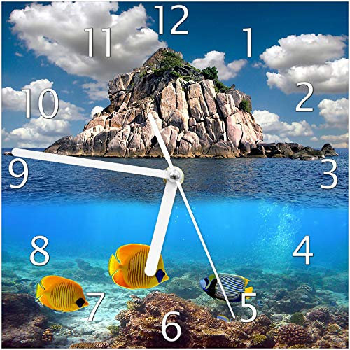 Wallario Design-Wanduhr Exotische Fische im Meer aus Glas, Motiv-Uhr Größe 20 x 20 cm, weiße Zeiger