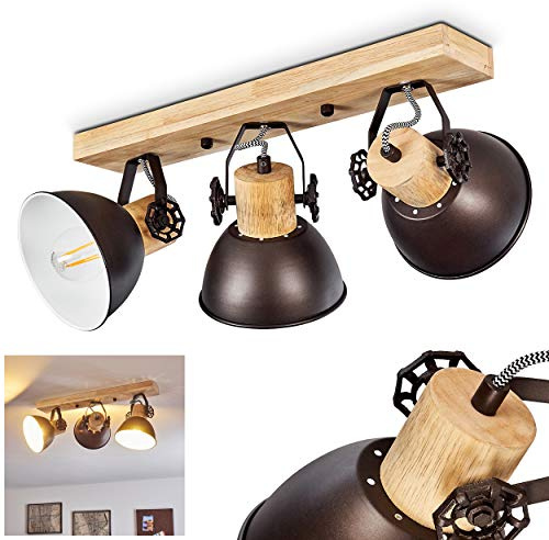 HOFSTEIN Deckenleuchte Orny, verstellbare Deckenlampe aus Metall/Holz in Braun/Weiß/Natur, Leuchte im Industrial/Retro/Vintage-Design mit Holzbalken, 3xE27, Wohnzimmer, Esszimmer, Küche, Schlafzimmer