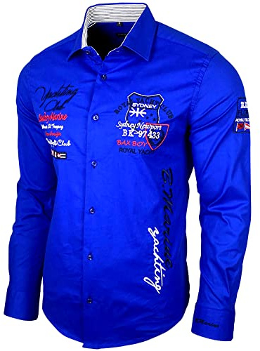 Baxboy Camisa elástica Slim Fit para ocio, negocios, boda, color puro, cuello de Kent, manga larga, contraste B-502, Sax, M