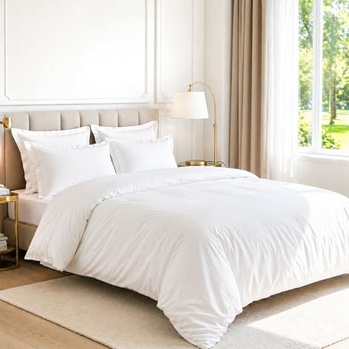 Pizuna Pure Combed Cotton Double Duvet Cover Set White 600 Thread Count | 100% Long Staple Cotton, 200x200cm, Sateen Quilt Cover with Button Closure