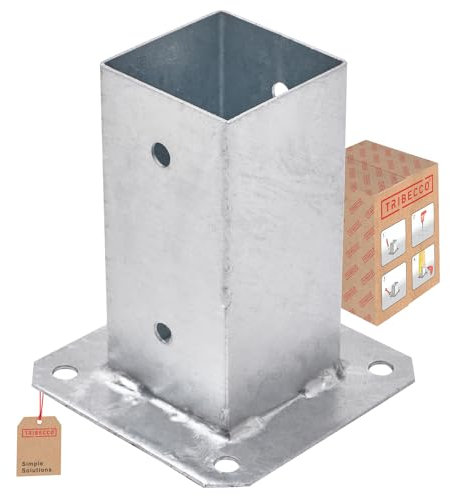 TRIBECCO® Douille à visser pour poteaux en bois carré galvanisé à chaud (70 x 70 mm) - Poteau de sol - Support de clôture - Plaque de sol - Support d'ancrage