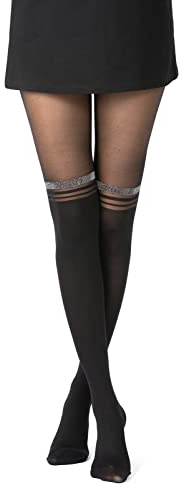 Gi&Gi Collants Fantaisie Femme, Noir, Motif Cœur Mock Over-Knee, Nylon, Semi-Transparent et Opaque, Style Élégant (FR/ES, Alpha/lettres, L, TG, Taille normale, Taille normale, Rayures noires)