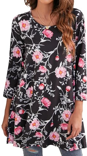 Enmain Dam vardaglig tunika topp 3/4 långärmad långärmad blus damer swing tunika topp lös blus t-shirt rund hals stretch bekväm semester, Svart/rosa, XXL
