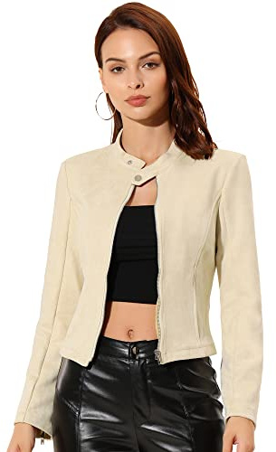 Allegra K Women's Faux Suede Jacket Zip Up Crop Biker Moto Coat Outerwear | Faux Suede, Pockets, Fall Winter Coat, Long Sleeve, Zipper, Western, Drawstring, Crop Moto Biker Jacket Beige L