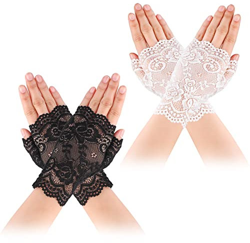 Yolev 2 Paar Fingerlose Handschuhe Damen Spitzen Handschuhe Schwarze weiße Kurz Geschnittene Fingerlose Gloves Damen Mädchen Hochzeit Party Tea Party Zubehör