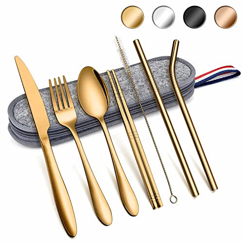 Herogo Reisebesteck Set, 8-Stück Camping Besteck aus Edelstahl, Tragbare Utensilien Set mit Tragetasche, Messer, Gabel, Löffel, Essstäbchen, Strohhalme, Bürste für Outdoor Reise Picknick(Gold)