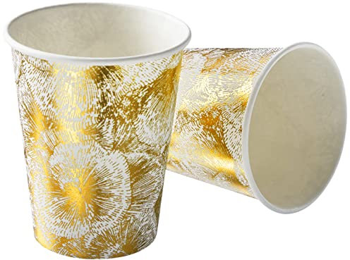 (18 - Pack 9 Oz.) Elegant Disposable Coffee Cups - Drinking Hot Cups For Coffee, Tea, Hot Chocolate & All Sort Of Beverages, Paper Coffee Cups, Great For Home, Office, Coffee Shop, Floral Design. Gold