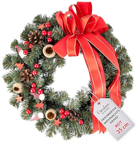 Creative Home Weihnachtskranz Rot Türkranz Weihnachten Tannenkranz ø 35 cm | Künstlich | Tischkranz Adventskranz für Haustür Wand Tisch | Indoor & Outdoor Weihnachtsdeko draußen Winter Deko