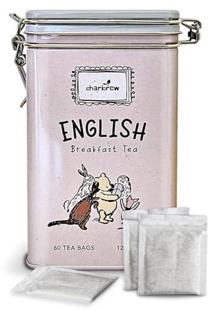 Charbrew Winnie English Breakfast Metal Tea Tin Caddy Gift – 60 Teabags Black Tea