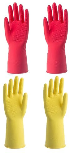 2 Paar Gummi Reinigungshandschuhe Küchenhandschuh Haushalt Wiederverwendbare Gummihandschuhe Zum Geschirrspülen Wasserdichte Reinigungsgummihandschuhe Flexible Langlebige (Rot, Gelb)