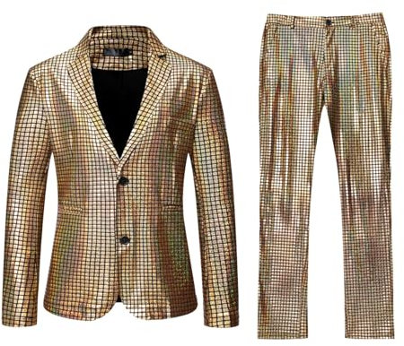 DeaAmyGline Disco Anzug Herren 2 Teilig Sets Glitzer Jacke und Hose Metallic Glänzende Pailletten Anzüge für Discokugel Party Karneval Kustüm Hochzeit 70er Jahre Outfit Mottoparty Disco-Anzug