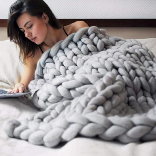 YRUISI Strickdecke, handgestrickte Decke für Erwachsene, Bettüberwürfe, Grobstrickdecke, nachhaltig, atmungsaktiv, für Bett, Sofa, Stuhl, grobe Garndecke für Heimdekoration (grau, 50 x 50 cm)