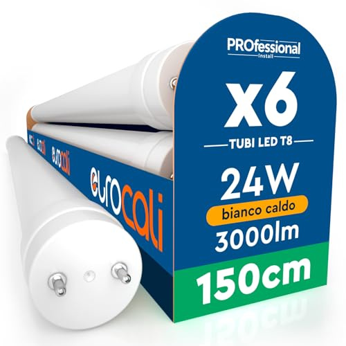 Eurocali 6 Tubi LED 24W 150cm T8 G13 SMD con Starter 3000 Lumen Garanzia 3 Anni - Luce Calda 3000K - Alta Luminosità 125 lm/W - Materiale Nano Plastic Sostituzione Neon per Soffitto Garage Negozio
