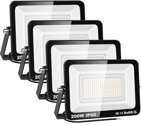 AUXTINGS 4 Piezas Focos LED Exterior 200W 20000 lúmen, Foco Proyector LED Impermeable, 6000K Blanco Frío Floodlight Iluminación de seguridad para Campo Jardín Estadio Casa Garaje Patio Terraza