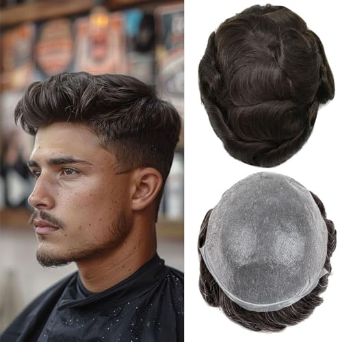 Men's Toupee Real Hair Ultra-Thin 0.03mm Skin Toupee for Men Light Medium Density Hairpiece Base Size 8x10 Inch 100% Human Hair System for Men（#2）