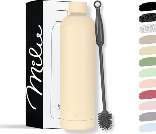 Milu Termo Botella de Agua 1l - Acero Inoxidable Mantiene 24H Frio / 12H Calor - Aislamiento de Vacío de Doble Pared - Libre BPA - incl. cepillo de limpieza (Diamond Sand, 1000ml)