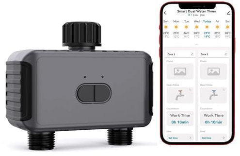 DISHENGZHEN Temporizador de Agua WiFi, Temporizador de aspersor Digital para Grifo de Manguera de jardín, Temporizador de riego automático programable con 2 Salidas, aplicación y Control de Voz