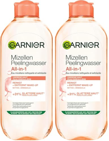 Garnier Sanftes Mizellen Peelingwasser, Reinigungswasser zur Entfernung von Make-Up Resten und abgestorbenen Hautschuppen, SkinActive, 1 x 400 ml (Packung mit 2)