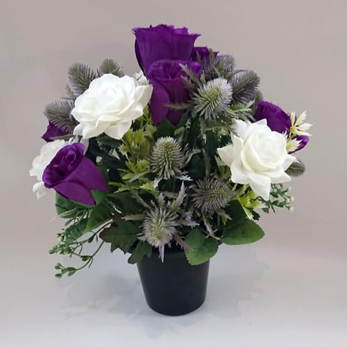 Artificial Thistle and Rose Flowers in Grave Pot, Purple and White