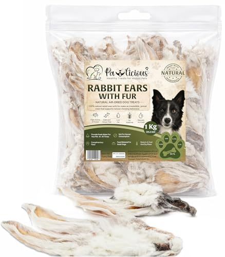 PAWLICIOUS 3 kg Kaninchenohren mit Fell für Hunde, 100 % natürliche, luftgetrocknete Leckerlis, Kauspielzeug für Hunde, Welpen und Senioren, gesundes und hypoallergenes Hundefutter, getreide- und