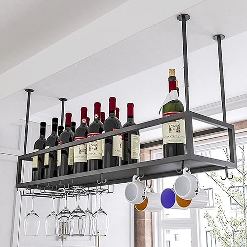 Generico Portabottiglie sospeso, portabicchieri da soffitto, portabottiglie sospeso con portabicchieri, Ripiani da Bar di Grande capacità, ripiano Regolabile per Bottiglie di liquore, ripiano da soff