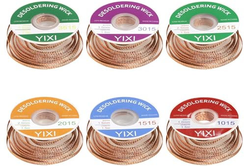 Malla para Desoldadura sin Limpiez, 1.5M Trenza de mecha de soldadura, Alambre de succión de estaño 6 uds, para Quitar Soldadura y Desmontar Componentes Eléctricos(1.0/1.5/2.0/2.5/3.0/3.5mm)