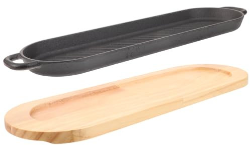 Cabilock Plancha de Hierro Fundido para Bistec Doble Oreja 38x18 Cm con Base de Madera para Cocinar y Servir en Hogar y Restaurante